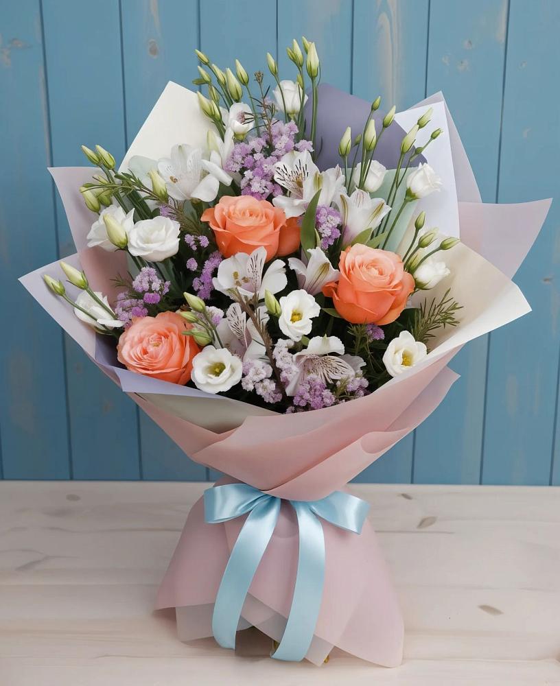 Букет цветов из: Лизиантусы, Розы, Альстромерии и Гипсофила в Переславле-Залесском