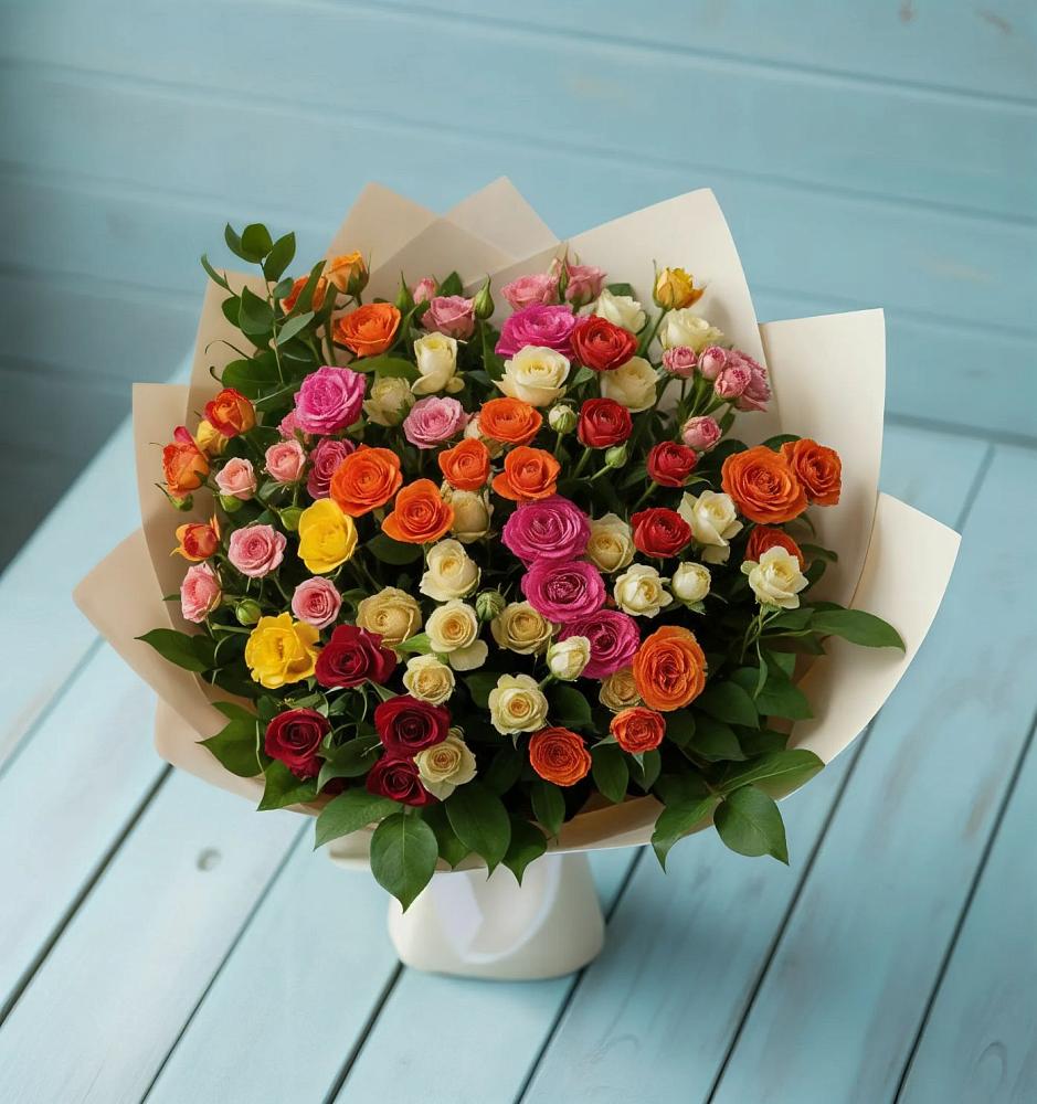 Букет Микс из разноцветных кустовых роз в Переславле-Залесском